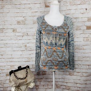 American Rag XS Blue Tribal Print Open Knit Tassel Tie Long Sleeve Sweater Top